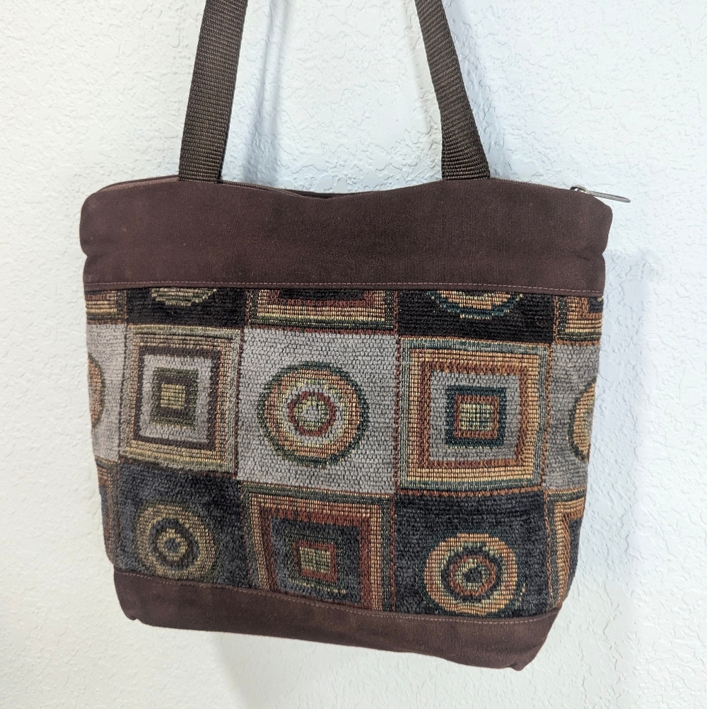 Vintage Woven Tapestry Tote Bag | Brown Earth Tones | Made in USA